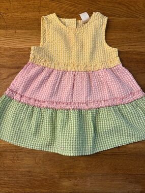 Tiered Seersucker Casual Dress for Girls - Yellow, Pink & Green